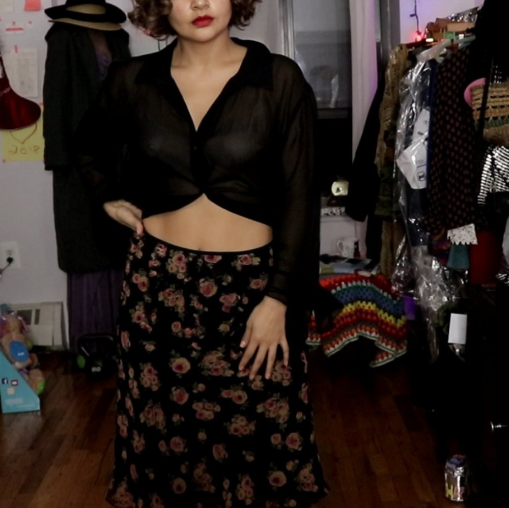 Black Sheer Silk bouse with soft pink polka dots